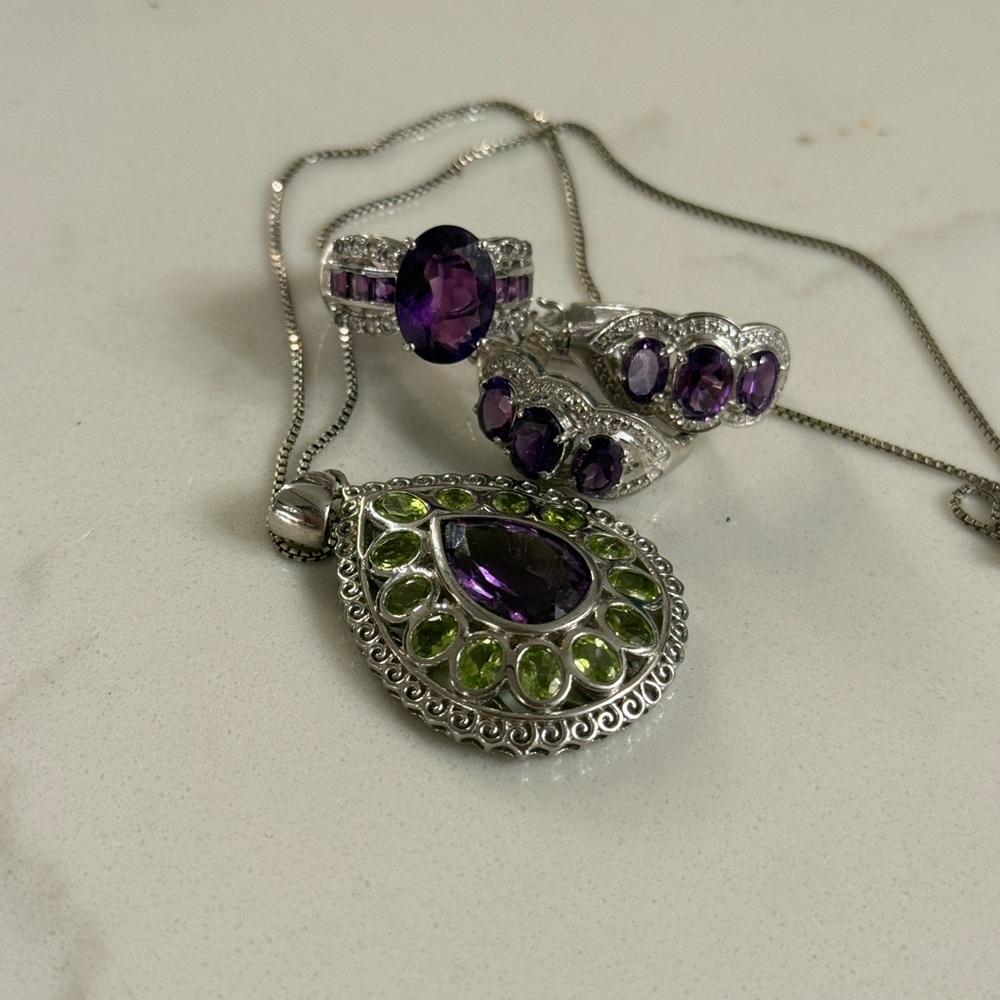 Sterling Silver with Amethyst and Peridot Gemstone Jewelry Set - Picture 3 of 11